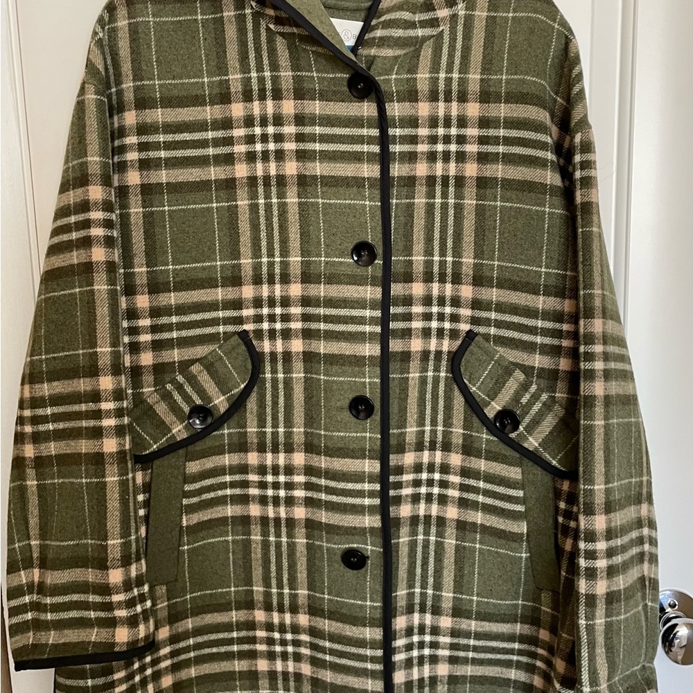 Treasure & Bond Green Plaid Coat with Black Trim